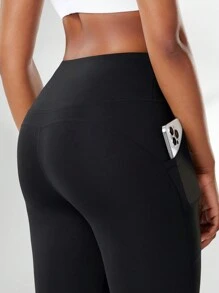 2pcs High Waist Yoga Pants Women Pocket Side Crossover Waist Tummy Control Slim Fit Quick Dry Workout Leggings Flare Leg Bootcut Trousers, Sports - Black - View 4