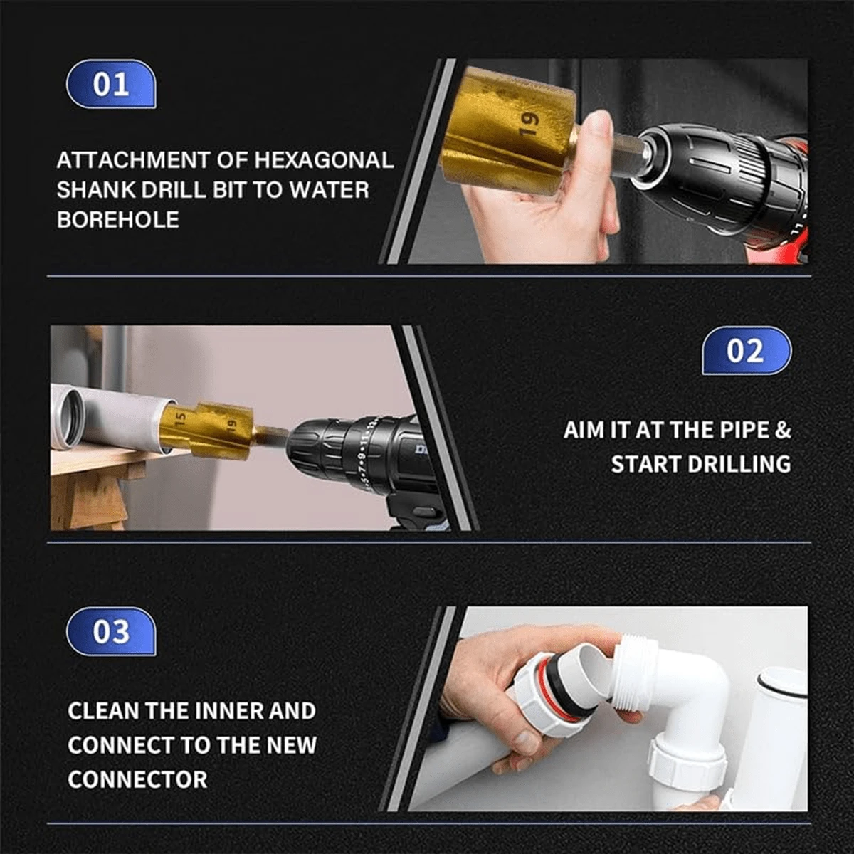 3pcs Heavy Duty Pipe Reaming Drill Bits PVC Pipe Reamer Tool ABS Pipe