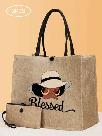 2pcs Printed Tote Bag, Printed Tote Bag Set, Lightweight Large Capacity Tote Bag, Reusable Burlap Shopping Bag, Portable Travel Beach Bag With Makeup Bag, Birthday Gift, Teacher's Day, Nurse's Day, Birthday, Anniversary, Best Gift, Best Teacher Appreciation Gift