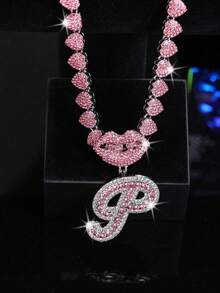 LIGHTSOME 1 件装 男女款冰晶链 嘻哈字母吊坠项链 唇口饰品 吊坠 珠宝礼物 适合女孩 - silvery-pink - 查看 27