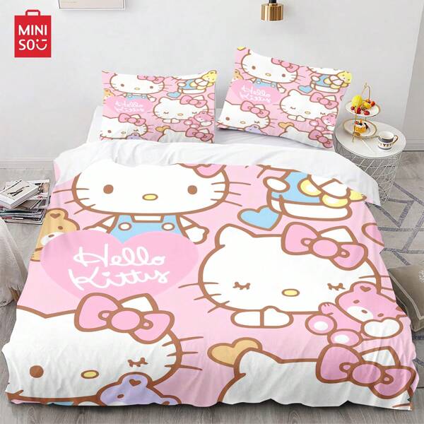 Sanrio Juego de 3 piezas de ropa de cama, edredón con estampado de dibujos animados lindos, juego de ropa de cama tamaño queen, juego de funda de edredón para niños, adolescentes, niñas, estudiantes, 100% poliéster