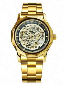 1pc Men Luxury Gold Skeleton Automatic Mechanical Watch Luminous Hands Stainless Steel Strap Business Casual Classic Men Watches Gifts With Box - Vàng - Xem 9