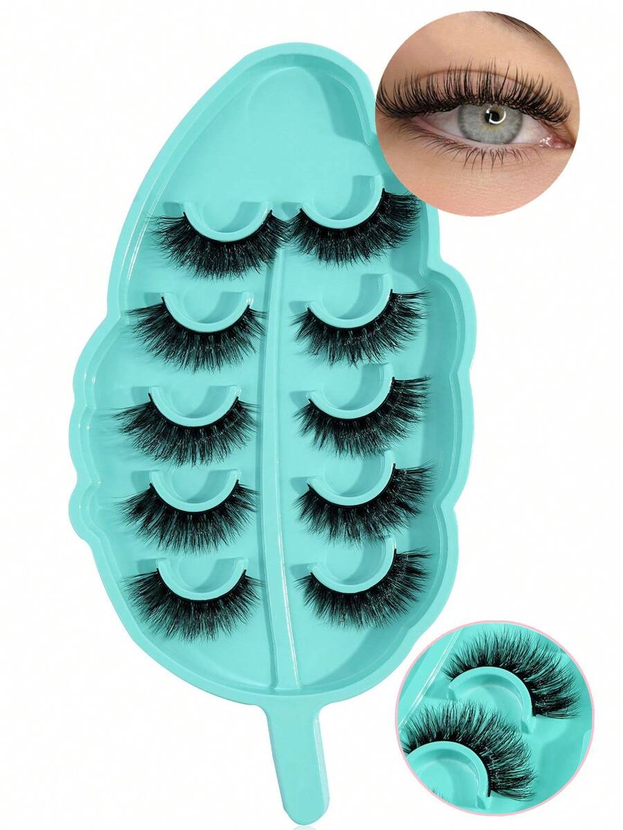 MAGEFY 5pairs/Set 3D Faux Mink Hair Volume Fluffy False Eyelashes With Leaf-Shaped Tray, Thick And Soft, Reusable, Individual Packaging, Makeup Tool For Beauty Travel - Bulu Mata Halus - View 1