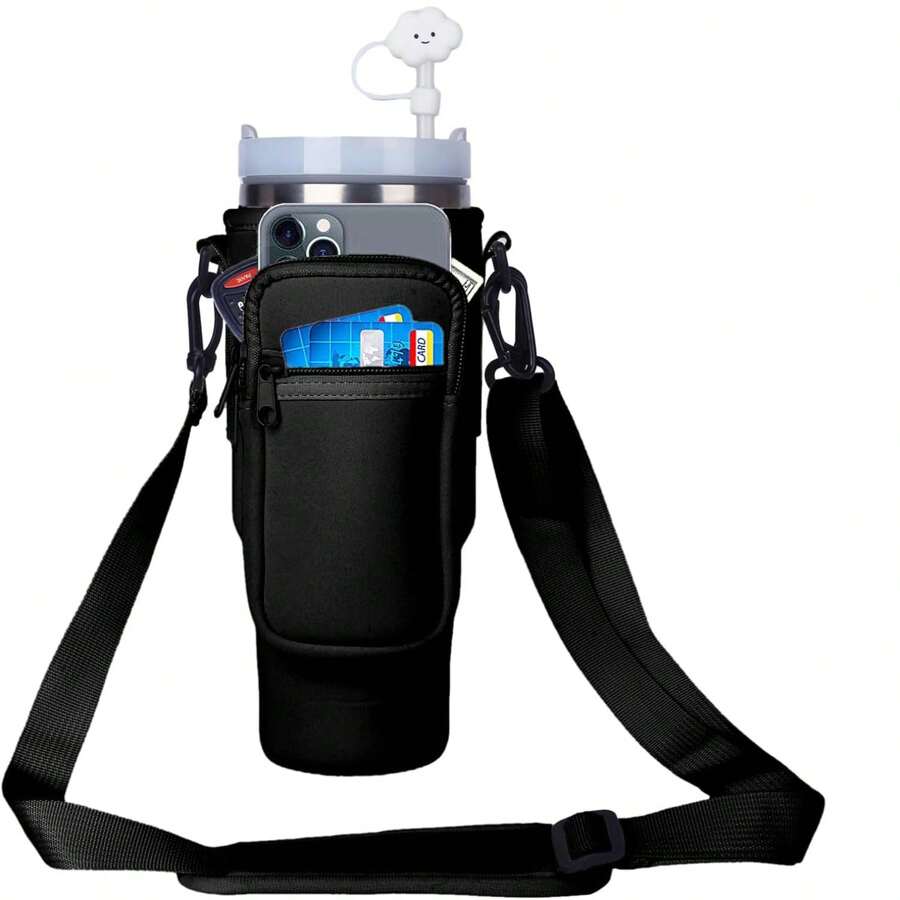 1入組適用於40盎司（約1134.0毫升）水瓶套，帶手柄、肩帶、瓶套袋子和健身徒步杯配件的水瓶袋 - 黑色 - 查看 1