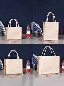 双提手亚麻手提袋，迷你购物袋，简约黄麻沙滩超大购物袋，可重复使用杂货袋，沙滩包，度假包，多功能妈妈包，大容量手提包，送给爱人、朋友、阿姨的礼物，4 种尺寸可选 - 彩色 - 查看 3