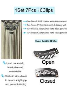 夹式接发 灰棕色混浅黄色长波浪假发片 22英寸接发片 夹式柔软合成假发片 女士专用（7片装） - 彩色 - 查看 4