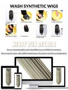 夹式接发 灰棕色混浅黄色长波浪假发片 22英寸接发片 夹式柔软合成假发片 女士专用（7片装） - 彩色 - 查看 7