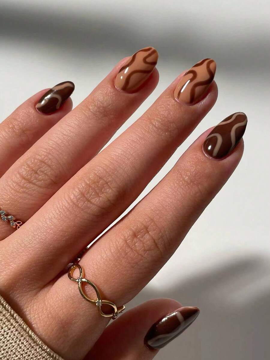 24pcs Short Oval Striped Pattern Disposable Nail Tips, Acrylic Fake Nails Set. Includes 1pc Jelly Glue And 1pc Nail File. - View 1