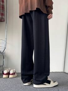 Men's Casual Loose Striped Diamond Plaid Straight Leg Pants - Black - View 2