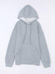 Astylish Women's Quilted Kangaroo Pocket Drawstring Hoodie - Grey - View 7