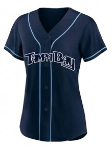 Customized Name And Number DIY Women's Embroidery Baseball Jersey Tampa Bay Blue V-Neck Personalized Short Sleeve Button Down Shirts Party Games Training Competition Sports Tops S-Xxl DIY - Blue - View 2