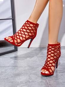 Women High Heel Sandals Cut Out Stiletto Heeled Sandals Rhinestone Ankle Strap Open Toe Dress Pump Shoes, For Party, Wedding, Vacation - 紅色 - 查看 7