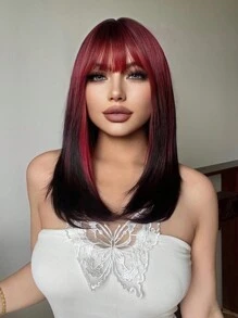 1-Piece Synthetic Heat-Resistant Natural Black With Rad Highlights 20 Inches Long Fully Machine-Woven Natural And Realistic Long Curly Wig With Bangs. - Black Ombre - View 5