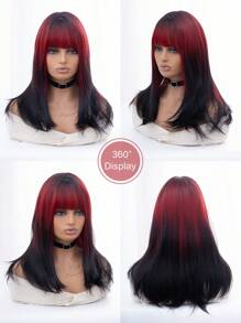 1-Piece Synthetic Heat-Resistant Natural Black With Rad Highlights 20 Inches Long Fully Machine-Woven Natural And Realistic Long Curly Wig With Bangs. - Black Ombre - View 9