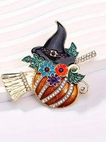 1 Pc Charming Halloween With Pumpkin Brooch - Cartoon Style With Rhinrhine, Alloy Material, Perfect For Everyday Wear Or Party Decoration00