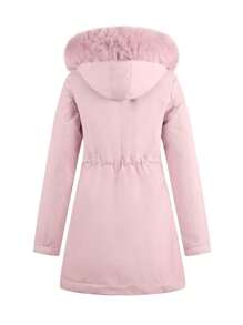 1pc Women Casual Minimalist Versatile Mid-Length Jacket, Removable Hood, Solid Color, Outdoor Thermal Lined, Cinched Waist, Winter,Fleece,Skiing