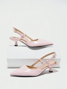 Women's Solid Color Pointed Toe Closed Toe Buckle Strap Kitten Heel Pumps, Elegant & Comfy Dress Shoes For Daily Wear, Festivals, Gatherings, Dates, Parties, Outdoor Walks, Commuting, Purple PU Leather, Spring & Summer