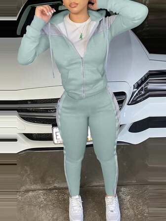 LovelyWholesale 2 件套女士春秋季拼色前拉链连帽衫运动衫和裤子休闲装