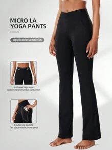 2pcs High Waist Yoga Pants Women Pocket Side Crossover Waist Tummy Control Slim Fit Quick Dry Workout Leggings Flare Leg Bootcut Trousers, Sports - Black - View 3