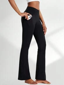 2pcs High Waist Yoga Pants Women Pocket Side Crossover Waist Tummy Control Slim Fit Quick Dry Workout Leggings Flare Leg Bootcut Trousers, Sports - Black - View 7