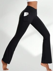 2pcs High Waist Yoga Pants Women Pocket Side Crossover Waist Tummy Control Slim Fit Quick Dry Workout Leggings Flare Leg Bootcut Trousers, Sports - Black - View 8