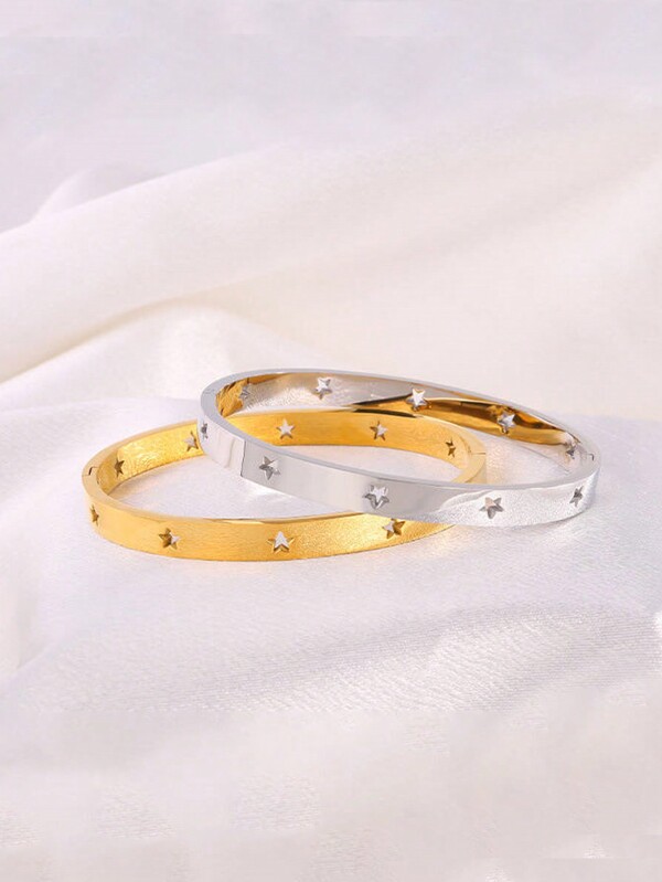 1 pieza Pulsera brazalete de acero inoxidable con diseño hueco de estrella, adecuada para uso diario y como regalo