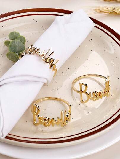 6-12pcs Simple Alloy Letter Napkin Rings, Suitable For Birthday, Wedding, Thanksgiving, Christmas, Easter, Party, Buffet Table Decoration Decor,Home Decor