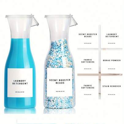 2 paquetes de botellas dispensadoras transparentes de detergente para la ropa de 20 onzas con etiqueta resistente al agua para detergente, suavizante, lejía y perlas potenciadoras de fragancia, botella de PET resistente para la decoración de la lavandería, dormitorio o líquido para lavar