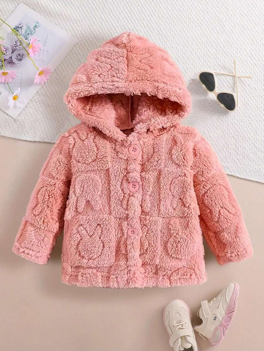 女婴兔形毛茸茸连帽纽扣长袖开衫女宝宝秋冬柔软舒适保暖休闲街头简约外套童装