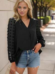 Women's Long Sleeve Top V Neck Pleated Shirts Casual Loose Chiffon Blouse - màu đen - Xem 5