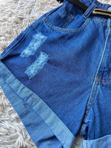 Ripped Mom Jeans Shorts With High Waist Belt Without Lycra - 深色水洗藍 - 查看 2