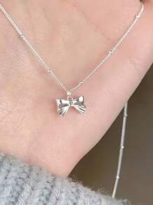 1pc Dainty Bow Tie Pendant Necklace For Women, Elegant Collarbone Chain Valentines,Mom,Mother,Mother's Day,Gift - Silver - View 3