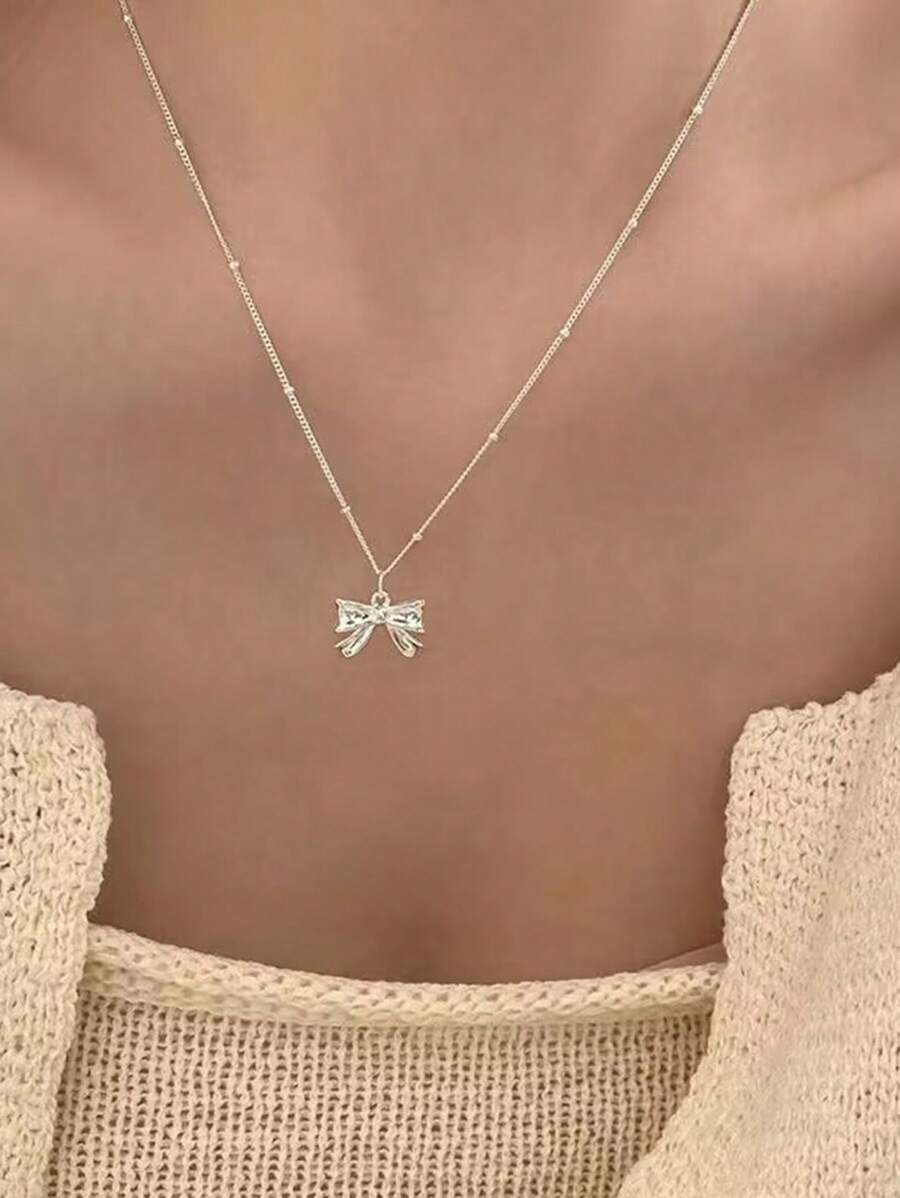 1pc Dainty Bow Tie Pendant Necklace For Women, Elegant Collarbone Chain Valentines,Mom,Mother,Mother's Day,Gift - Silver - View 1