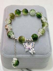 女士水晶莱茵石蝴蝶和猫眼石手链，海水蓝和灰色月光石珠子手链，时尚友谊礼物 - 綠色 - 查看 4