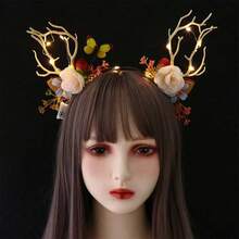 新款发光鹿角头带 闪亮头带 花仙子鹿角头带 圣诞派对鹿角花浆果皇冠花头带 波西米亚头带 派对头带 女士圣诞头带 - 彩色 - 查看 2