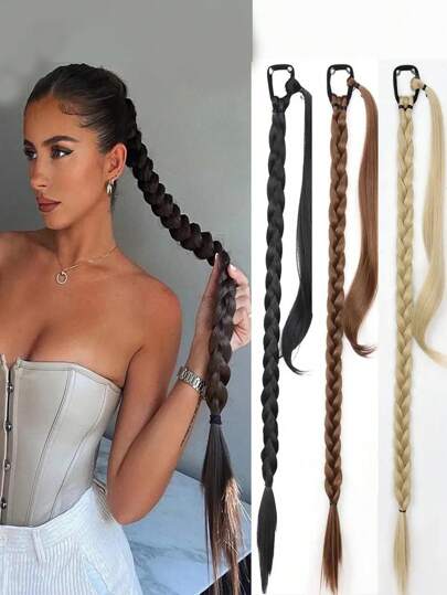 1 peça de extensão de rabo de cavalo, perucas de cabelo sintético, cachos curtos e longos com tranças enroladas em rabos de cavalo, três comprimentos diferentes adequados para uso diário feminino