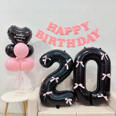 32 Inch Black Large Numbers Balloons 0-9,Number Balloons With Pink Bow,Foil Mylar Big Number Balloons For Birthday Party Supplies Decorations,
