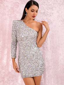 Silver Single Sleeve Sequin Formal Dress, Long Sleeve Semi Formal Prom Dress, For Birthday, Wedding Guest, Graduation Homecoming - Silver - View 3