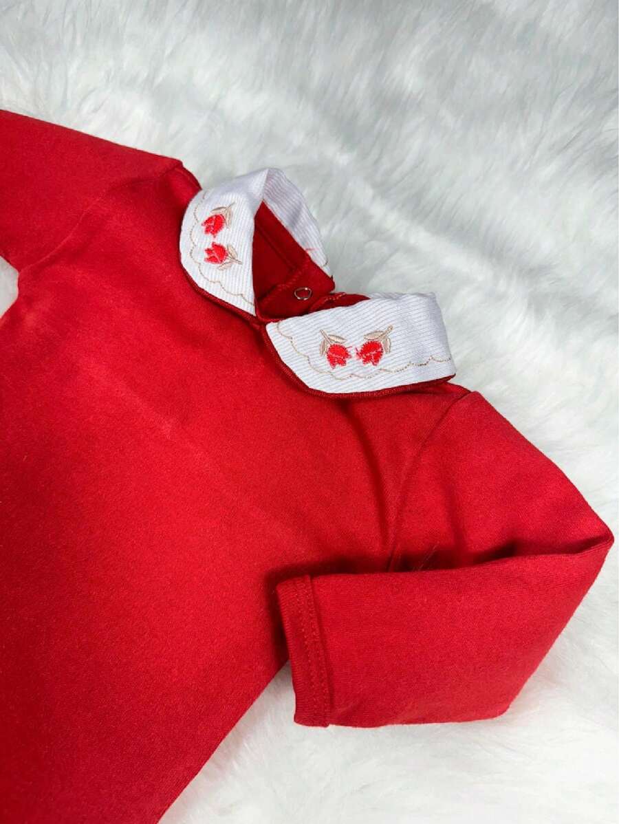 Newborn Baby Girl Bodysuit With Embroidered Collar - Red - View 1