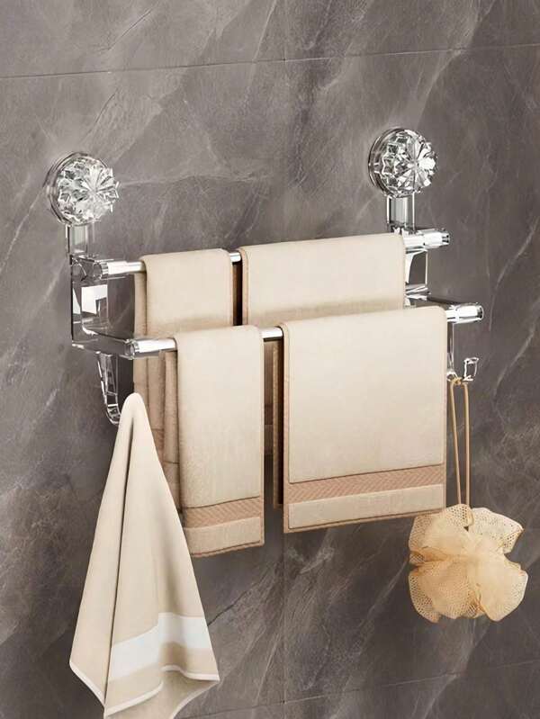 1pc Double Rod Wall-Mounted Towel Rack With Hook, Household Punch-Free Towel Storage Rack, Bathroom Storage Rack With Suction Cup, Wet And Dry Towel Dual-Purpose Rack, Bathroom Organizer, Behind The Door Hook, Storage Hanging Rod
