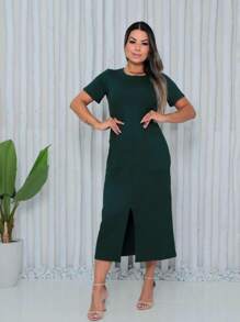 Long Midi Dress With Pocket And Front Slit In Moletinho Tendência Comfy Fabric - Màu xanh lá cây đậm - Xem 1