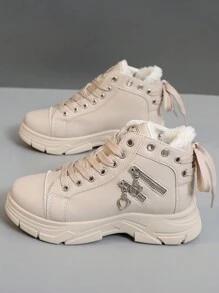 女士加大码 35-45 冬季保暖内衬高帮靴 - 时尚、耐用、休闲、增高、户外运动风格 - 卡其色 - 查看 3