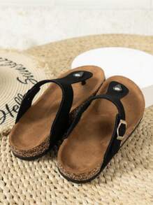 Fashionable Hook & Loop Soft Cork Flat Slippers, Summer Beach Casual Flip Flops For Men And Women