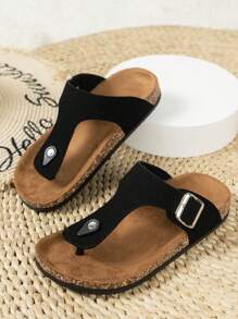 Fashionable Hook & Loop Soft Cork Flat Slippers, Summer Beach Casual Flip Flops For Men And Women