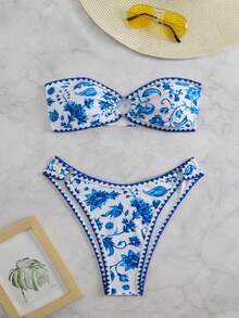 Floral Print Knit Fabric Summer Beach Cropped Tube Top And Shorts 2Pcs Bikini Set - Multicolor - View 6