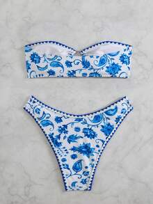 Floral Print Knit Fabric Summer Beach Cropped Tube Top And Shorts 2Pcs Bikini Set - Multicolor - View 7