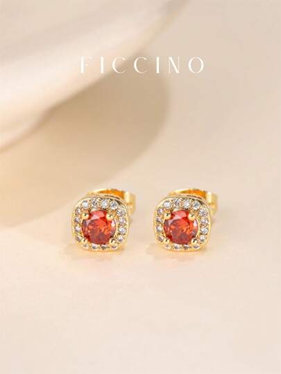  FICCINO 方形和圆形彩色耳钉，镀金方晶锆石优雅耳环，适合日常佩戴和场合礼物，配有珠宝盒
