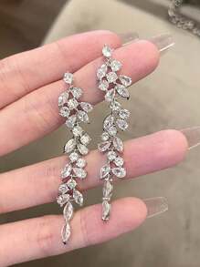 一对闪亮叶形水滴耳环，女士水晶水滴耳环，新娘婚礼首饰，派对周年纪念订婚礼物，情人节配饰