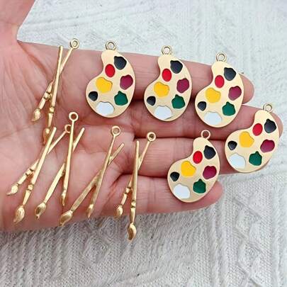 10pcs Random Mix Yellow Gold Color Zinc Alloy Pendant Charms, Palette, Brush - Enamel Jewelry Making Supplies, For Earrings Necklace DIY, Halloween, Backpack Pins, Teacher Gifts, Custom Name Necklace