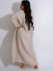 女士春秋休闲宽松翻领纯色舒适连衣裙时尚长袖口袋单排扣衬衫连衣裙